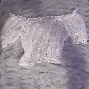 Mesh Off the Shoulder Top with Daisy Print, Size S